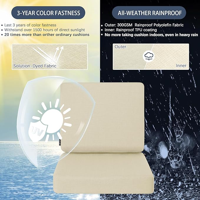 Favoyard Outdoor Deep Seat Cushion Set, Rainproof & 3-Year Fade Resistant Patio Furniture Cushions with Removable Seat Bottom & Back Cushion Covers for Chair, Sofa, Beige (Seat 24x24In Back 24x20In)