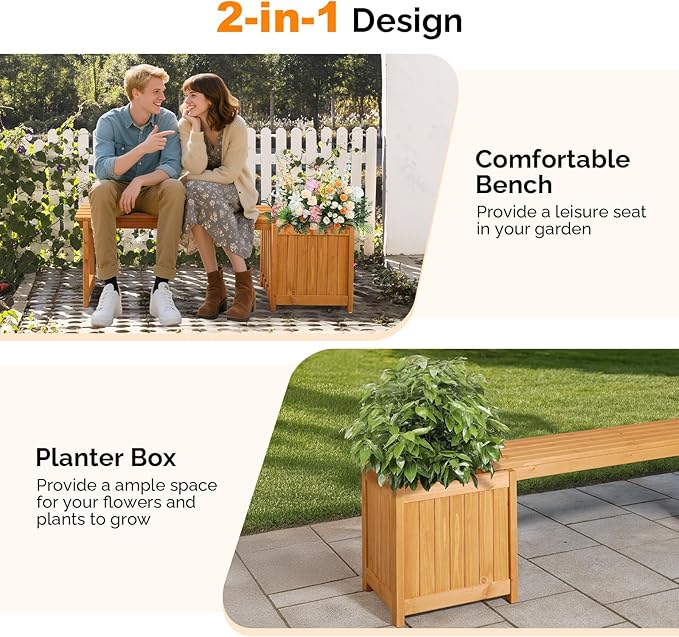 VINGLI Outdoor Wood Bench with Planter Boxes, 2-in-1 All-Weather Porch Bench Seat ＆ Open-Ended Wooden Raised Garden Bed, for Balcony Yard Patio (1 Box)
