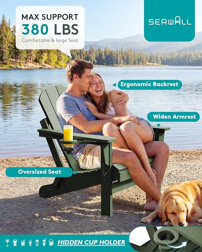 SERWALL Foldable Adirondack Chair Set of 2 for Patio Garden Outdoors Fire Pit Chairs-Avocadogreen