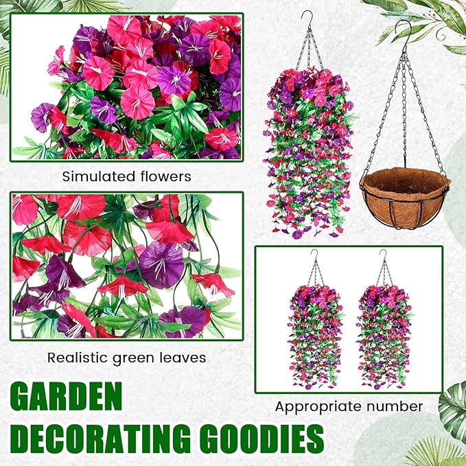 Hotop 2 Set Artificial Hanging Flower Basket and 6 Pcs Bougainvillea Silk Vine Flower for Outdoor Indoor UV Resistant Faux Hanging Plant Coconut Lining Planter Pot(Purple, Rose Red)