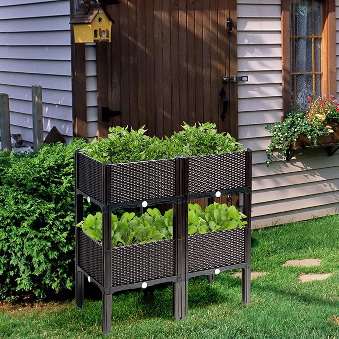 Giantex Raised Garden Bed, Set of 4 Planter Raised Beds Kits with Drain Holes for Fruit Flowers Vegetables, Outdoor Elevated Planting Box for Lawn Patio Balcony, Easy Assembly, Rattan-Like Look, Brown
