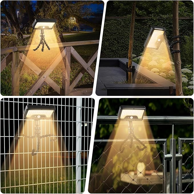 Solar Motion Lights Outdoor with Flexible Octopus Tripod, USB & Solar Powered Motion Sensor Lights with 92 LEDs(600LM,3000K), IP65 Waterproof Motion Activated Light for Fence, Camping, Gutter(2 Pack)