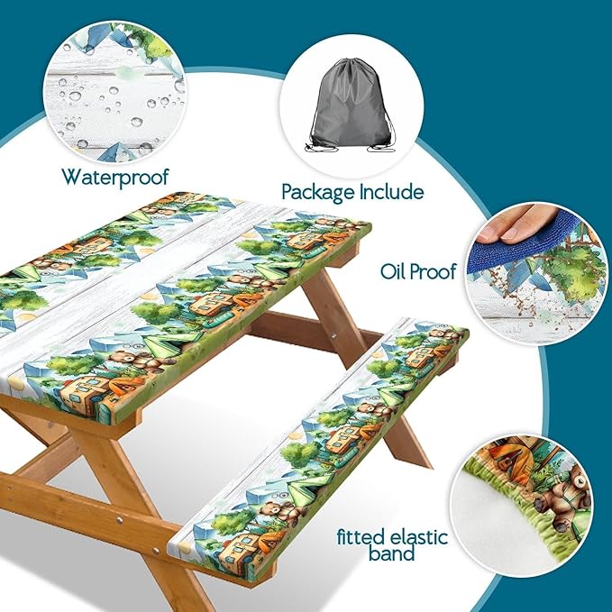 3PCS Picnic Table Cover with Bench Cover Wooden Forest Bear Camping Tablecloth Fitted Picnic Table Cover with Elastic Windproof Waterproof, Outdoor & Garden Camping Accessoriess 60IN