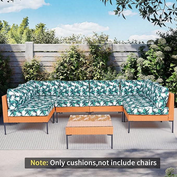 14Pcs Outdoor Sofa Cushion Replacement Patio Furniture Waterproof Cushion with Zippers fit 6-Seat Outdoor Wicker Rattan Sectional Couch (Palm Leaf, 25.6"x25.6"x3.9")
