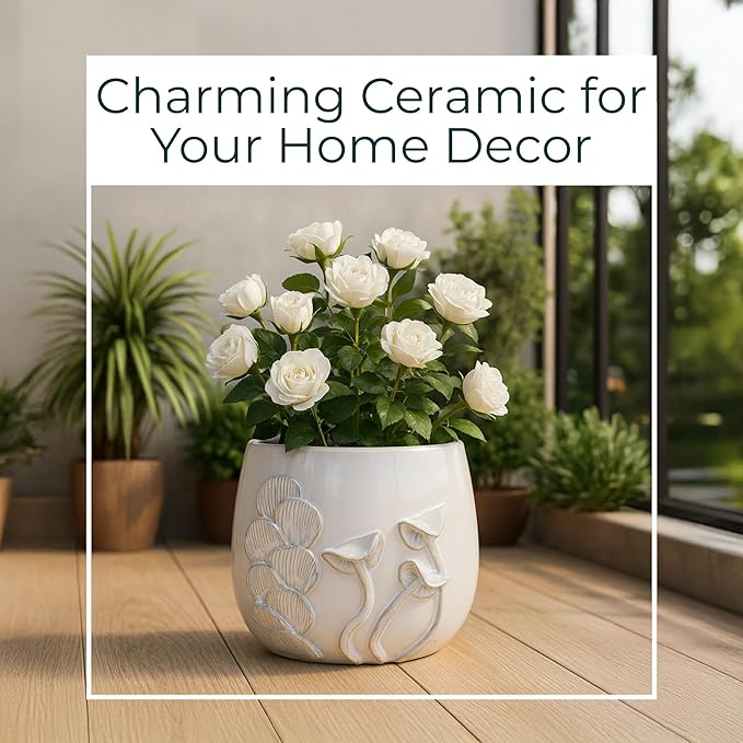 Ceramic Decorative Planter Pot – Modern Indoor Outdoor Plant Holder with Sculpted Mushroom Design and Built-In Drainage, Stylish Pot Stand for Living Room, Entryway or Patio Décor – 6", Ivory & Tan