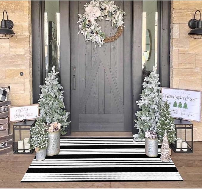 OJIA Black & White Outdoor Rug 3x5 Cotton Hand-Woven Striped Porch Rugs Machine Washable Entryway Rug Indoor Outdoor Area Rug Front Door Rug Floor Mat for Farmhouse/Living Room/Home Entrance