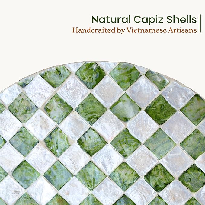 19.7” Checkered Capiz Shells Drum End Table, Decorative Cylinder Side Table & Garden Stool, Round Pedestal Accent Table for Living Room, Bedroom, Indoor & Outdoor (Pistachio Green)