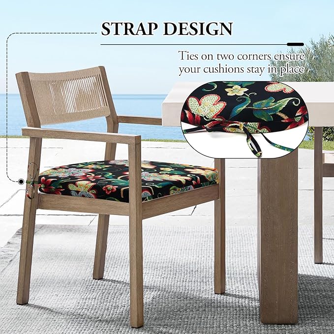 Wellsin Outdoor Chair Cushions for Patio Furniture - Patio Chair Cushions Set of 4 - Water Resistant Round Corner Outdoor Seat Cushions 17"X16"X2", Flower Black