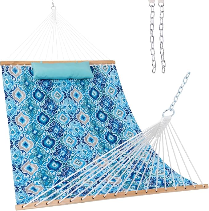 Lazy Daze Hammocks 12FT Quilted Fabric Hammock with Soft Pillow, Double 2 Person Tree Hammock with Spreader Bar for Outdoor Outside Patio Garden Yard Pool Beach, 450lbs Capacity