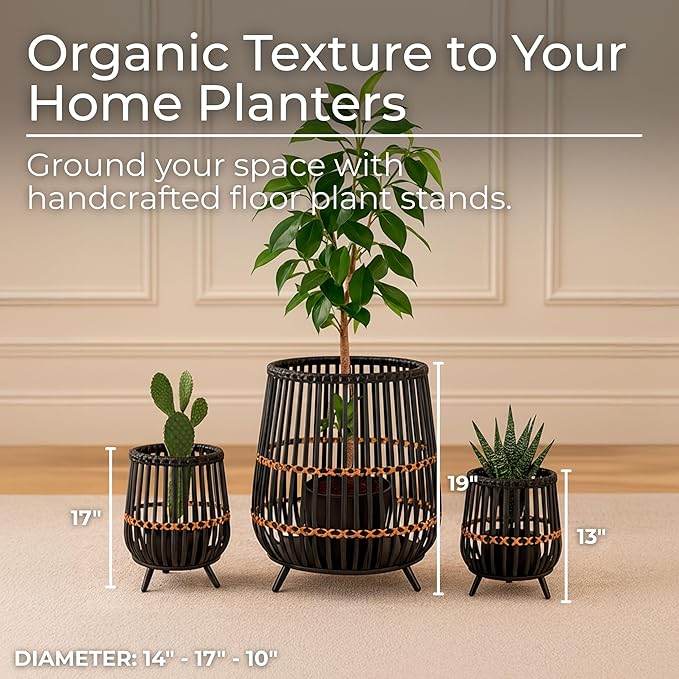 Set of 3 Woven Basket Decorative Planter Pot with Short Legs – Bamboo & Rattan Outdoor & Indoor Plant Pot – Modern Garden & Home Decor Planters – 13", 17", & 19", Black