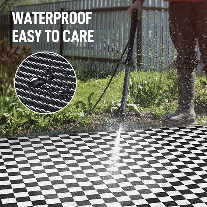 GOTGELIF Black and White Classic Checkerboard Outdoor Area Rug 9x18FT, Reversible & Water-Resistance & Portable Plastic Straw Rug for RV Trips, Picnic, Camping, Outdoor, Garden, Patio