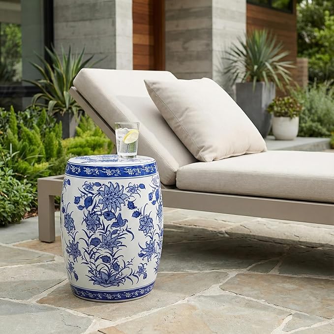 Decorative Chinoiserie Stool for Outdoor Side Table - Ceramic Floral Pattern for Indoor Garden, Entryway, and Patio Area - Home Decor Accent Stool for Plant Stand Display - 18", Blue & White