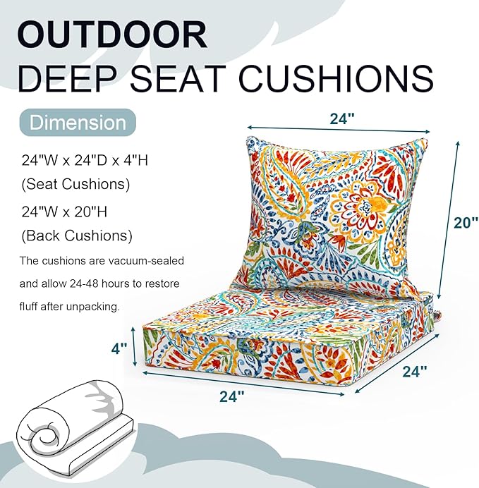 Outdoor Deep Seat Cushion Set, Water Repellent 24"x24" Patio Thick Cushions Replacement with Seat & Back Pillow for Patio Sofa, Wicker Chair, Couch - Paisley Multi