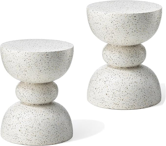 Glitzhome Outdoor Side Tables Set of 2, Heavy Duty Patio Sturdy Faux Terrazzo Decorative Garden Stool Planter Stand for Indoor Covered Outdoor, 17.25" H, Faux White
