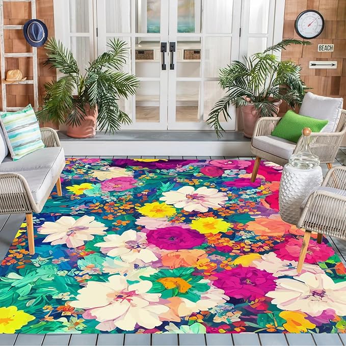 Modern Floral 3x5 Outdoor Area Rug Contemporary Aesthetic Green Pink Flower Texture Rug for Balcony Patio Deck Porch Washable Reversible Garden Large Carpet Waterproof Backyard Mat