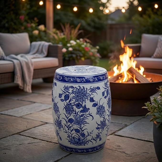 Decorative Chinoiserie Stool for Outdoor Side Table - Ceramic Floral Pattern for Indoor Garden, Entryway, and Patio Area - Home Decor Accent Stool for Plant Stand Display - 18", Blue & White