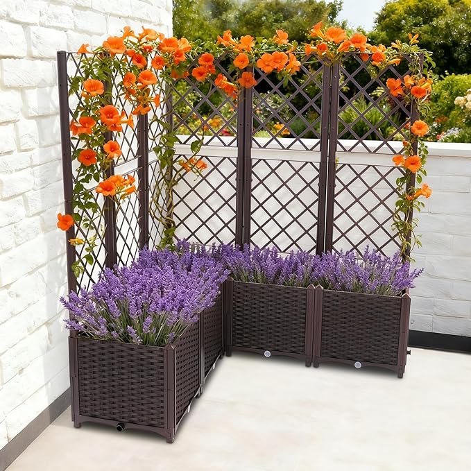 5PCS Raised Garden Bed with Treliis, Freestanding Garden Planter, Detachable Outdoor Planter Box, Vertical Garden Beds with Water Storage Mechanism for Climbing Growing, Backyard (Brown)