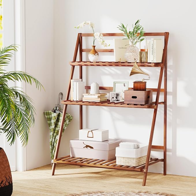 Plant Stand, 3 Tier Bamboo Ladder Plant Stand with Foldable Design, Anti-falling Crossbar, Freestanding Plant Shelf for Indoor Outdoor, Living Room Balcony Patio Garden