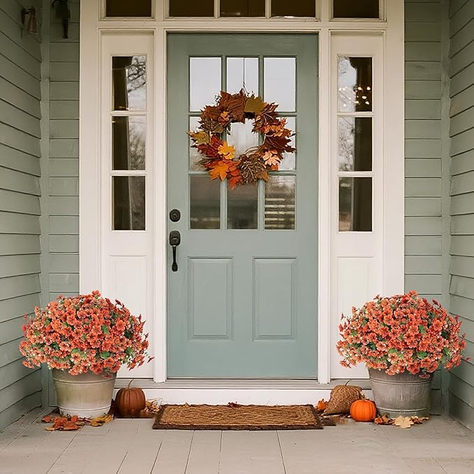 Artificial Flowers for Outdoor Fall Decoration-Faux Flower Petunia with Eucalyptus Fake Plants Boxwood for Front Door Planter Home Garden Porch Patio Thanksgiving Autumn Decor-12 Bundles (Orange)