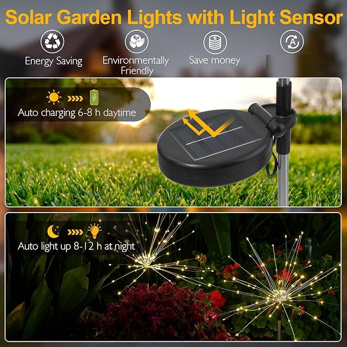SUNNEST Solar Lights Outdoor, 150 LEDs with 8 Modes Solar Garden Lights for Christmas Outside Fairy Firework Decorative,Solar Powered for Yard Pathway Flowerbed Planter Balcony Patio Decor(2 Packs)