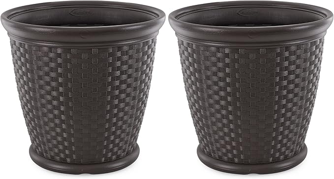 Suncast 2 Pack Sonora 22 Inch Plastic Wicker Indoor or Outdoor Decorative Garden Flower Planter for Entryways, Porch, and Backyard Patios, Dark Brown