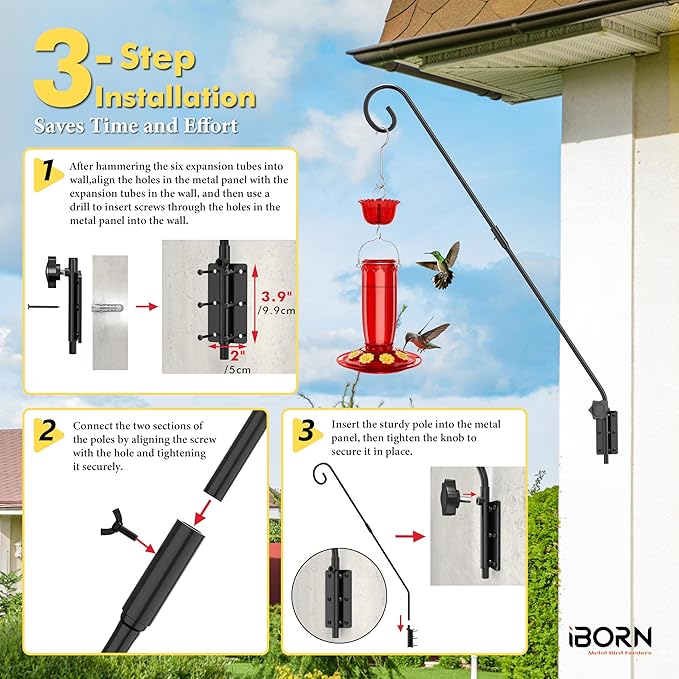 iBorn Wall Mount Deck Hook, 28" Hummingbird Feeder Hanger, Heavy Duty Bird Feeder Pole for Hanging Bird Feeder, Planter, Suet Baskets, Wind Chimes, 180° Rotatable Arm, Solid Wire, Pack of 1