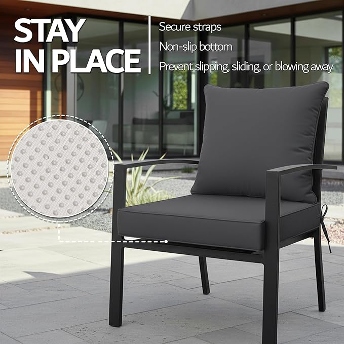 19x19 Inch Patio Chair Cushions Set of 2, Outdoor Furniture Cushions - Removable Cover, Water-Repellent, Fade-Resistant, Non-Slip Bottom & Straps, Replacement for Lawn, Porch & Deck Chair - Dark Grey