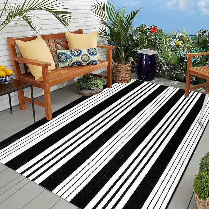 OJIA Outdoor Rug 5'x7' Patio Rug, Machine Washable Black and White Outdoor Rug Cotton Woven Area Rug Living Room Rug Farmhouse Indoor Carpet for Front Door/Porch/Deck/Backyard/Balcony Decor