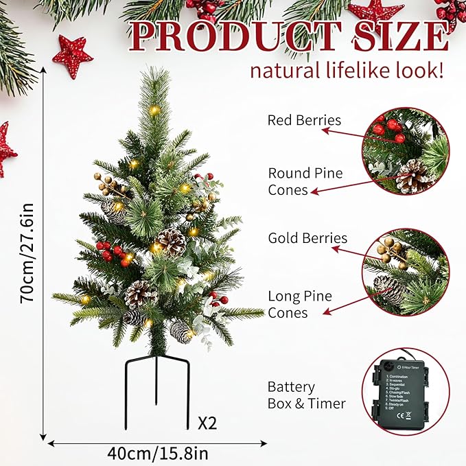 Pre-Lit Pathway Christmas Tree(2 Pack), Artificial Christmas Urn Filler with LED Lights, Golden & Red Berries, Pine Cones, Outdoor Light Up Planter Filler Holiday Home Decor