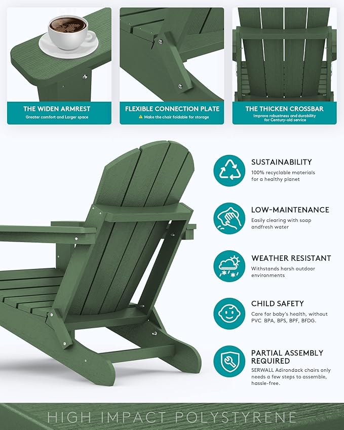 SERWALL Adirondack Chair Set of 4 for Patio Garden Outdoors Fire Pit- Army