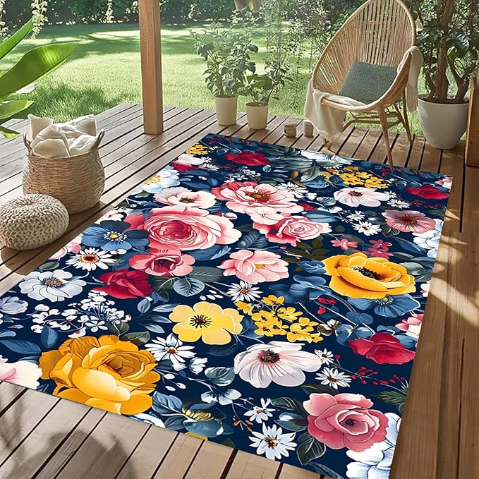 3D Printed Navy Blue Pink Yellow Floral Outdoor Rug Retro Flower Texture 6x9 Waterproof Outdoor Area Rug for Balcony Backyard Patio Garden Washable Outside Carpet Non Slip Deck Porch Floor Mat