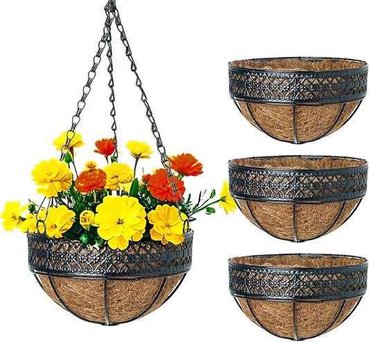 LX7 3-Pack Hanging & Wall-Mounted Plant Baskets with Natural Coconut Fiber Liner, Decorative Planters for Home Garden Patio Yard (3Pack EXPHanger, 8Inch)
