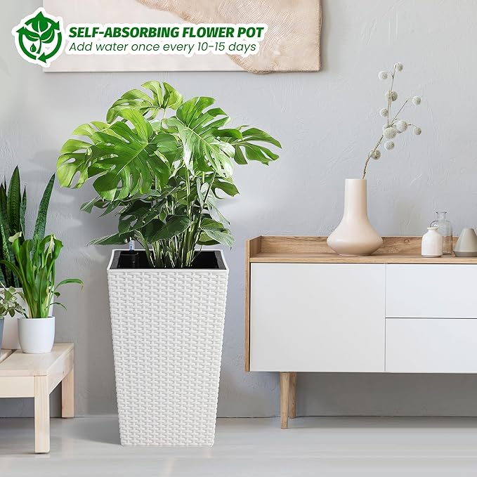 16 Inch Tall Planter Set of 2 Large Rattan Flower Pot with 2 Trays & a Water Level Monitor & Wheels Outdoor and Indoor for Patio, Porch, Living Room, or Home Office, White