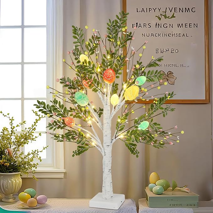 DR.DUDU 27 Inch Easter Decorations for Home – 2 Pack Lighted Easter Trees, Light Up Birch Trees with Easter Egg, Tabletop Spring Decor for Mantel Indoor Office