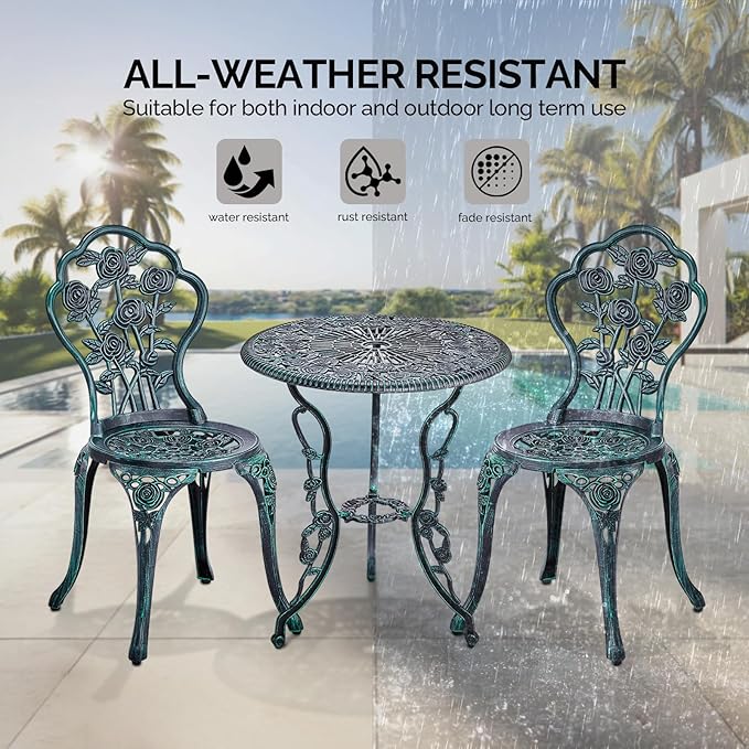 Outvita Patio Table and Chairs Set, Cast Aluminum Outdoor Cafe Table and Chairs Set of 3, Stability Patio Bistro Sets with Umbrella Hole for Garden, Patio, Balcony, Rose Pattern Bronze
