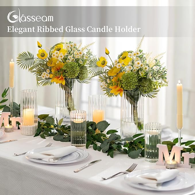 Glasseam Glass Cylinder Candle Holder, Clear Ribbed Vase Set of 18, Hurricane Pillar Candle Holder, Floating Candle Holders for Table Centerpiece, Flute Flower Vases for Centerpieces Dining Table
