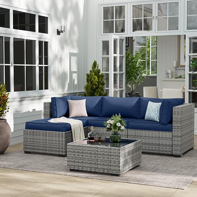 UDPATIO Outdoor Cushions for Patio Furniture with 5 Pillows, Waterproof Patio Furniture Cushions Replacement, 4" Deep Seat Outdoor Sectional Cushion for 4-seat Chair Sofa Couch, Navy