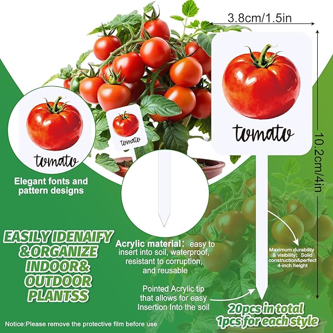 Whaline 20Pcs Acrylic Vegetable Plant Label Signs Garden Markers 20 Styles Watercolor Vegetable Fruit Waterproof Potted Plant Stake Tags with Names for Nursery Indoor Outdoor Garden Decor