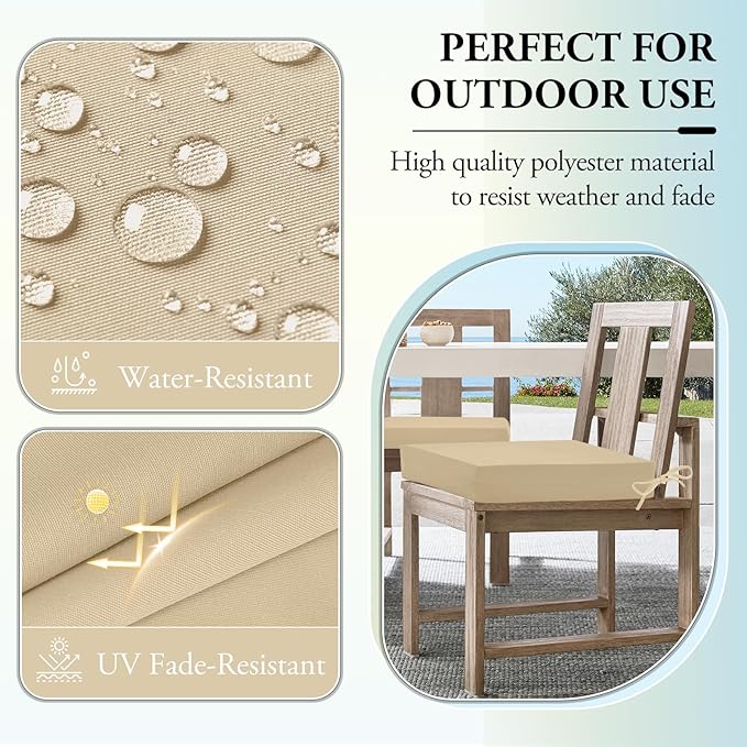 Wellsin Outdoor Chair Cushions for Patio Furniture - Outdoor Cushions for Chairs - Water Resistant Patio Chair Cushions Set of 4, 18.5"X16"X3", Beige