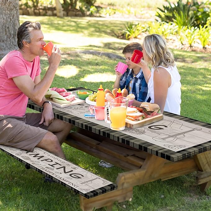Picnic Table Cover with Bench Covers Elastic Edges, Brown Camper Fitted Table Cover, Outdoor Patio Camping Essentials 72 Inch 3PCS, Waterproof Camping Fitted Tablecloth with Drawstring Bag