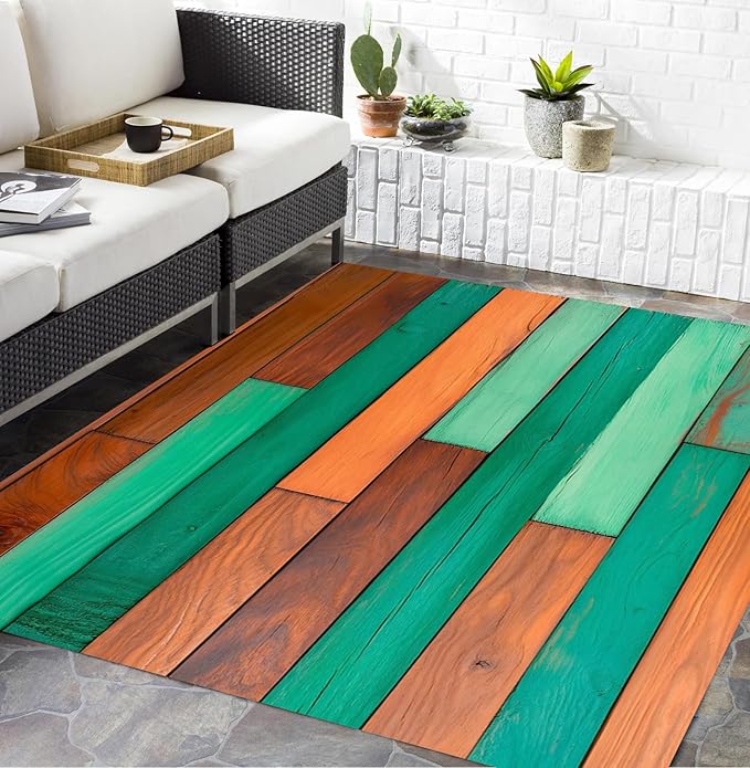 Green Orange Brown Wooden Board 3x5 Farmhouse Outdoor Area Rug for Porch Balcony Garden Camping Deck Pool Lightweight Non Shedding Waterproof Outside Carpet Machine Washable Foldable Floor Mat
