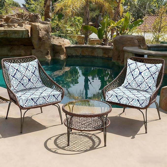 Outdoor Deep Seat Cushion Set, Water Repellent 22"x22" Patio Thick Cushions Replacement with Seat & Back Pillow for Patio Sofa, Wicker Chair, Couch - Boho Geometry Blue