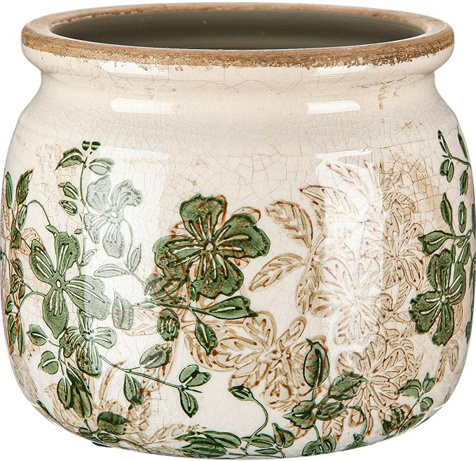 Vintage Planter Large Ceramic Plants Pot Beige Green Leaves Ice Crack Farmhouse Scroll Vase Flower Vase Pot Indoor Outdoor Home Kitchen Decor Rustic Cottage Antique Decorative Plants Gift