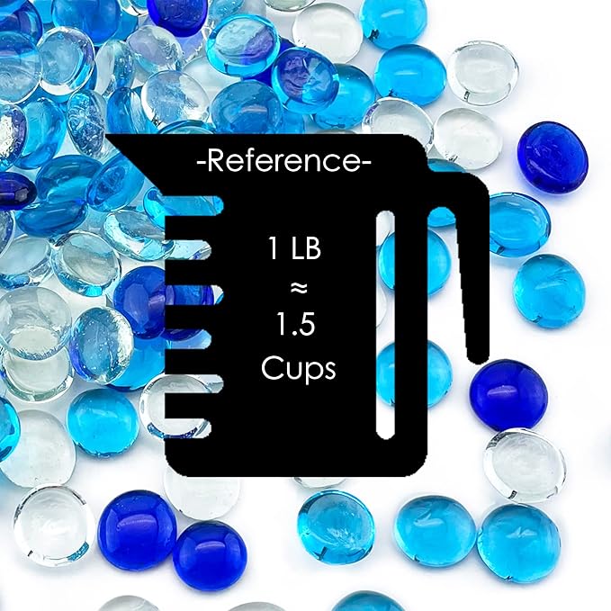 CYS EXCEL Blue Mix Glass Gemstone Beads Vase Fillers (2 LBS) Flat Marble Beads Multiple Color Choices Aquarium Decor Rocks Floral Stones Decorative Mosaic Gem Pebbles