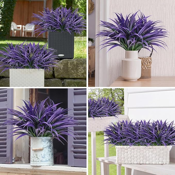 Ouddy Decor 20 Pcs Fake Outdoor Plants Artificial Grass Greenery Stems Faux Plastic Plants UV Resistant for Spring Summer Indoor Outside Garden Hanging Planter Porch Window Box Home Decor, Purple