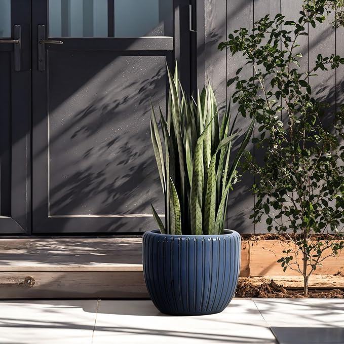 LuxenHome 11" Dia Ceramic Pots for Indoor Plants, Outdoor Large Planters with Drainage Holes and Rubber Plug, Modern Decorative Glazed Flower Pots, Blue Ribbed Round Planters for Home Garden Patio