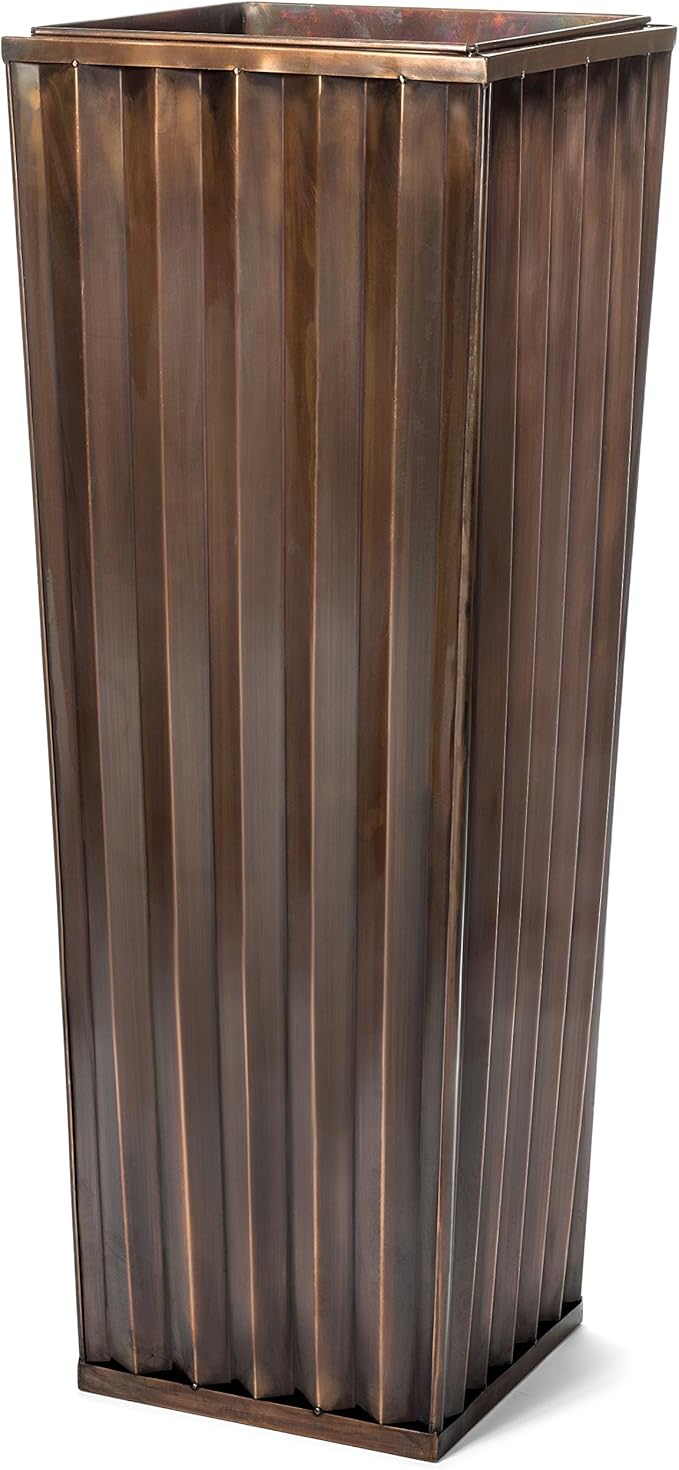 H Potter Tall Ribbed Copper Planter Indoor Outdoor – 29 Inch Antique Copper Stainless Steel Floor Planter with Insert & Drainage – Decorative Entryway Patio Porch Planter