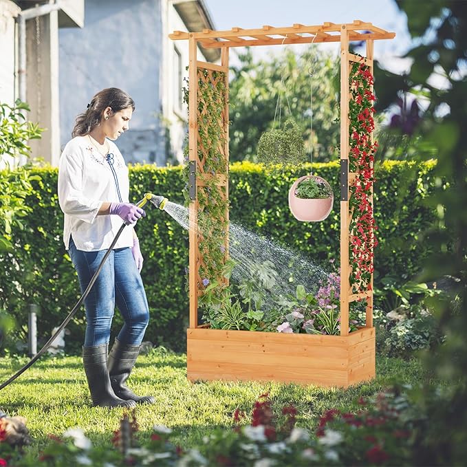 S AFSTAR 72 Inch Raised Garden Bed with Arch Trellis, Hanging Roof & Drainage Holes, 2 Pieces Vertical Plant Container for Vine Climbing Plant Flower, Outdoor Wood Elevated Planter Box for Garden