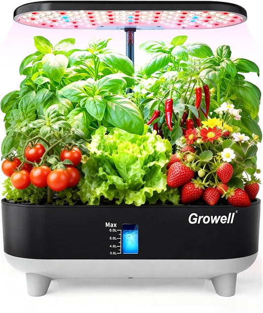 Hydroponics Growing System Kit, 16 Pods, Vertical 8L Indoor Gardening System for Herb Vegetable Fruit, with LED Grow Light, Smart Water Circulation, 3 Light Modes & 2 Timer, Black