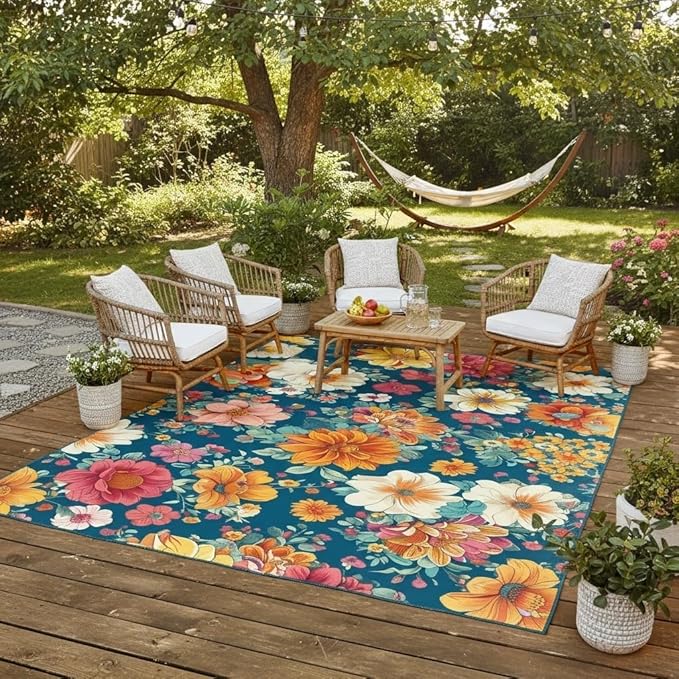Retro Floral Textured Waterproof Outdoor Area Rug for Patio Deck Porch Balcony Garden Navy Blue Red Orange Washable Outside Large Thin Carpet 10x16 Farmhouse Entrance Hallway Non Slip Quick Dry Mat